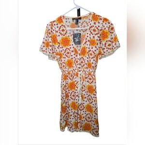NWT Forever 21 Womens S Retro Floral Mini Dress Yellow Orange Flower Power Boho